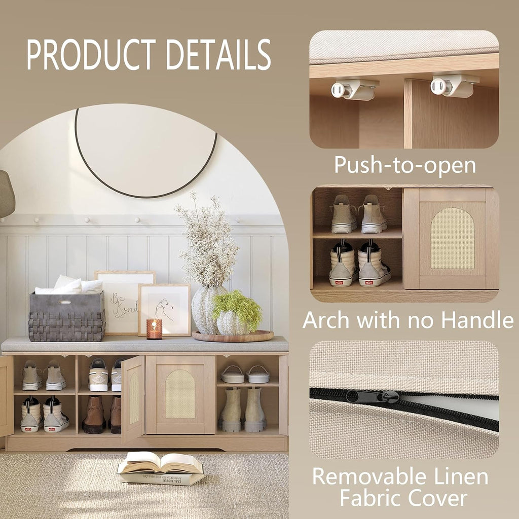 Shoe Bench, Entryway Storage Bench With Doors, Cushion, 2-Tier Shoe Rack With 8-Cubby, 47.2”L X 13.8”W Shoe Organizer Cabinet, Adjustable Shelf, Living Room, Bedroom, Natural With Rattan