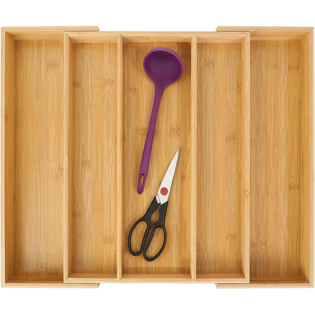 Utoplike Bamboo Expandable Kitchen Drawer Organizer, Adjustable Utensil Holder And Cutlery Tray Organiser, Drawer Divider For Silverware, Flatware, Knives In Kitchen, Bedroom, Living Room, 5 Slot
