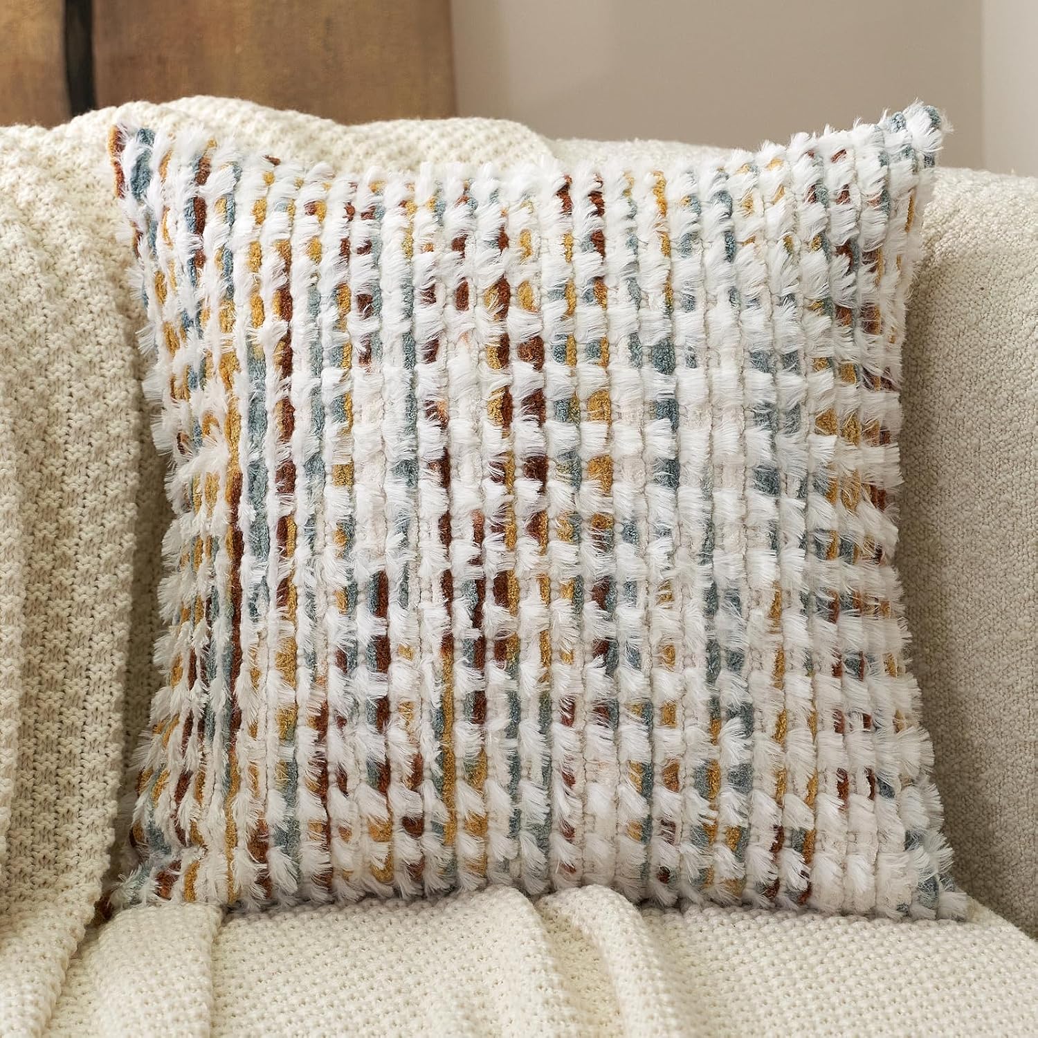 Aeckself Boho Chenille Tufted Pillow Cover 20 X 20 Inch, Decorative Square Throw Pillow Cover Neutral Pillowcase For Couch Bedroom Living Room, Orange White