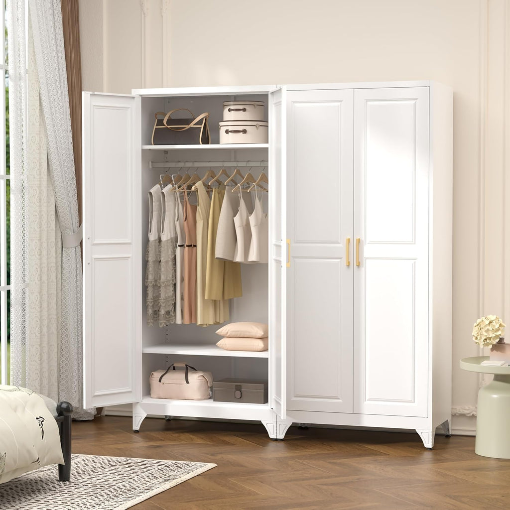 Metal Armoire Wardrobe Closet With Doors And Shelves, 71" Tall Freestanding Wardrobe Cabinet For Hanging Clothes, Large Closet With Hanging Rod For Bedroom, Office, School, Employee, Gym, White
