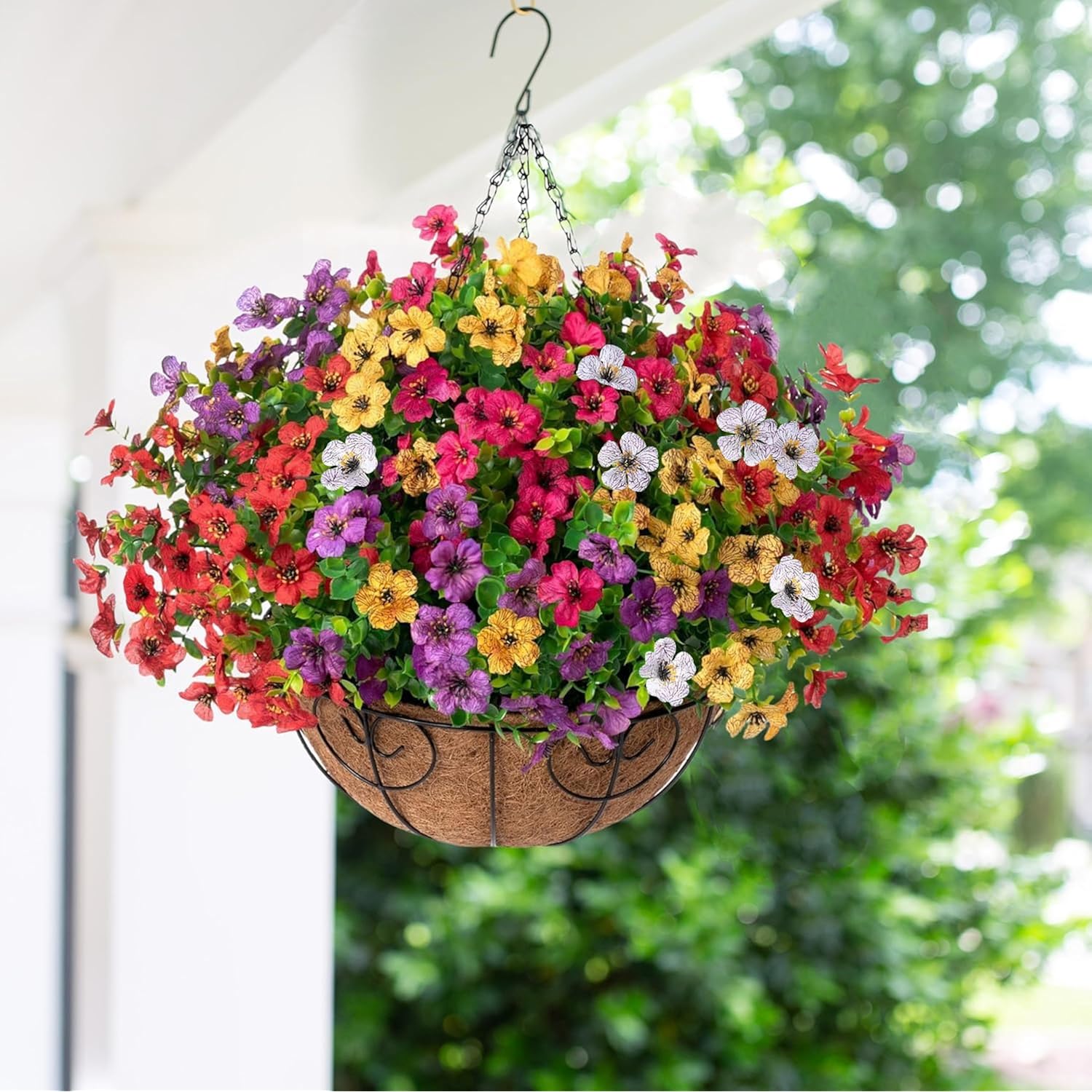 Artificial Faux Hanging Plants Flowers Basket For Summer Outdoor Outside Decoration, Fake Silk Uv Sun Resistant Look Real Colorful Daisy Eucalyptus For Porch Home Patio Balcony Yard
