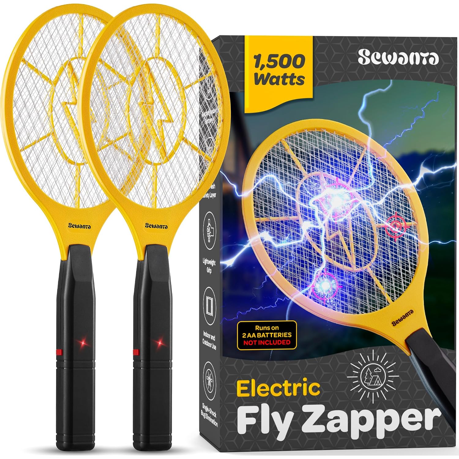 Electric Fly Swatter [Set Of 2] Handheld Bug Zapper Racket For Indoor/Outdoor - Powerfull 1500 Volt Instant Flies/Bug & Mosquito - Portable Fly Zapper Battery Operated (Aa Batteries Not Included)