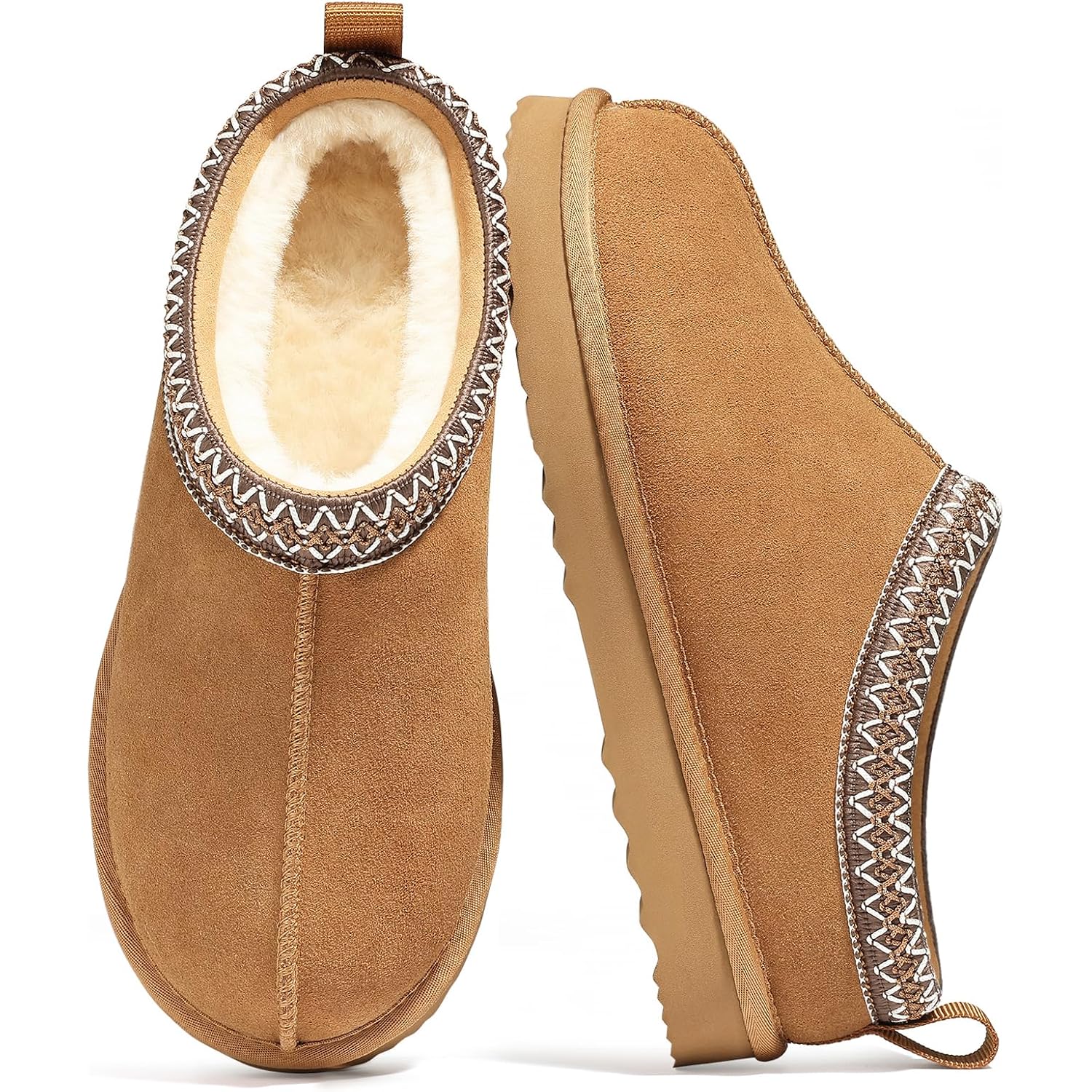 Bebealy Genuine Suede Fuzzy Slippers For Women Winter Warm House Shoes Cozy Mini Boots For Indoor Outdoor