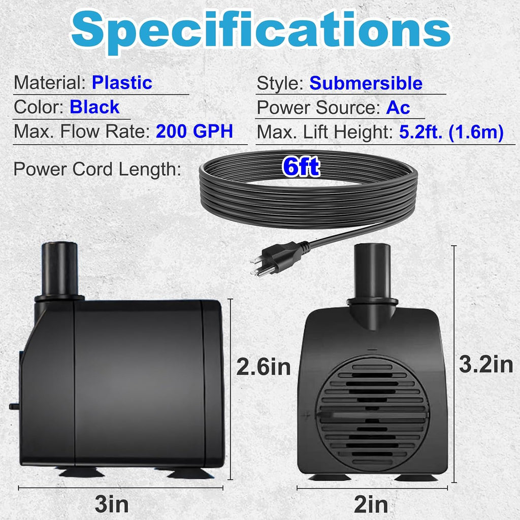 Submersible Pump 200Gph Ultra Quiet With Over Heating Protection 5.2Ft High Lift For Fountains, Hydroponics, Ponds, Aquariums & More…