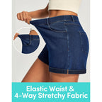 Stretchy Baggy Jean Shorts Womens Pull On Denim Shorts Women High Waisted Tummy Control Jorts Summer Casual with Pockets