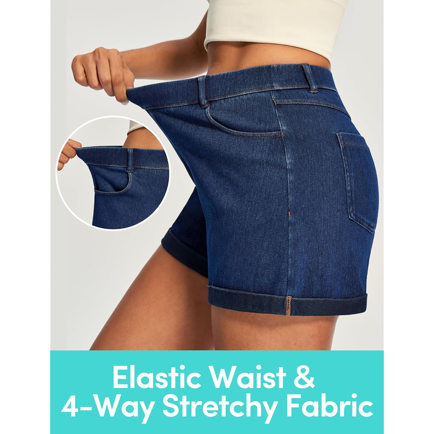 Stretchy Baggy Jean Shorts Womens Pull On Denim Shorts Women High Waisted Tummy Control Jorts Summer Casual with Pockets