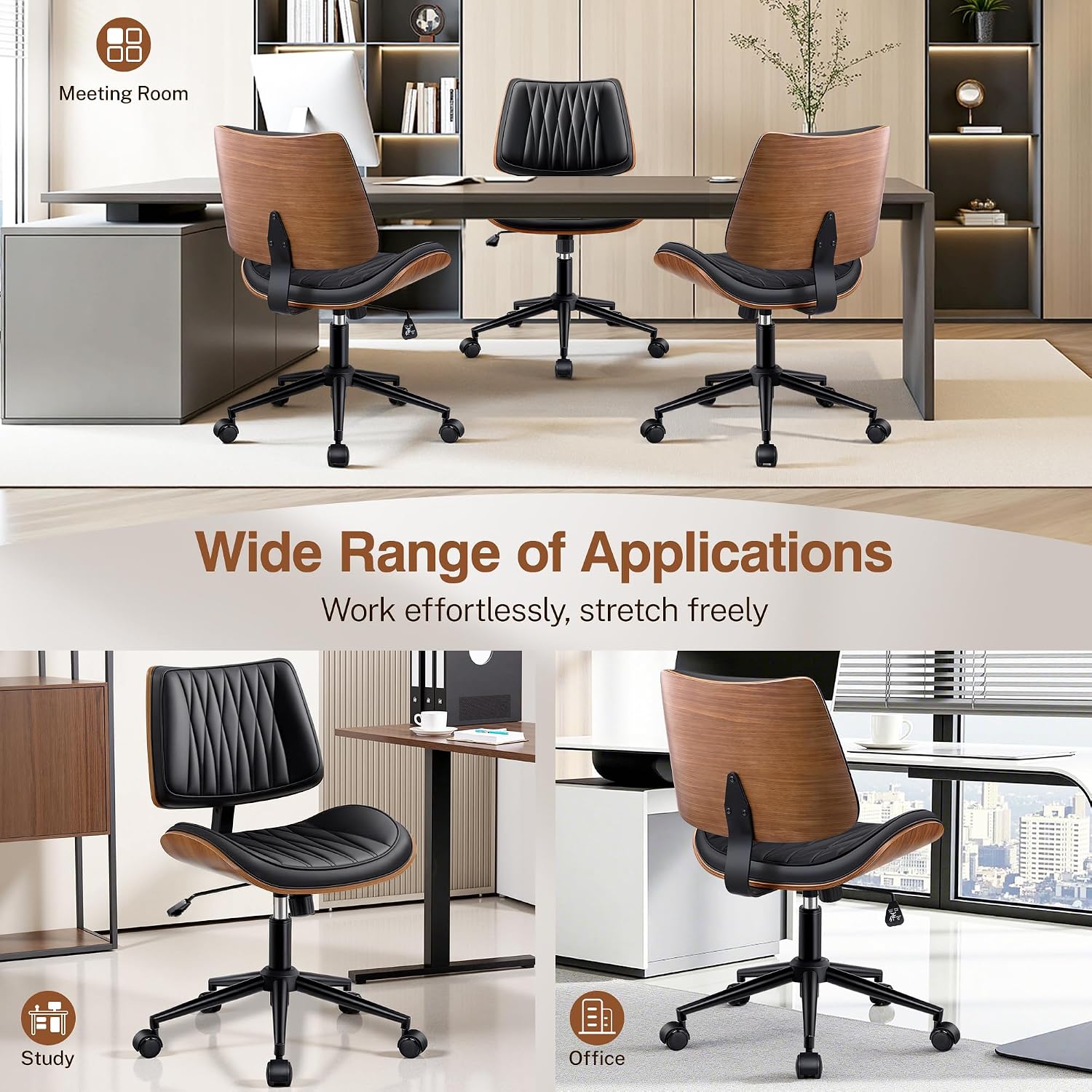 Ergonomic Armless Office Desk Chair - Mid-Century Modern Black Faux Leather With Diamond Stitch, Adjustable Height Swivel Rolling Task Computer Chair With Walnut Accent For Home Office, Study & Work