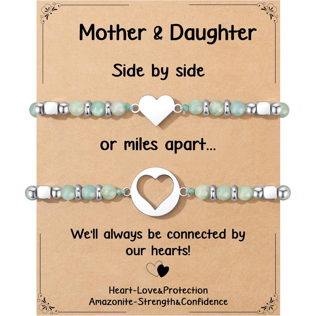 JoycuFF Mother Daughter Bracelets Set, Natural Amazonite Stainless Steel Heart Jewelry for Women, Mothers Day Gifts for Mom/Daughter, Adjustable Matching Bracelets for Mommy and Me Gifts