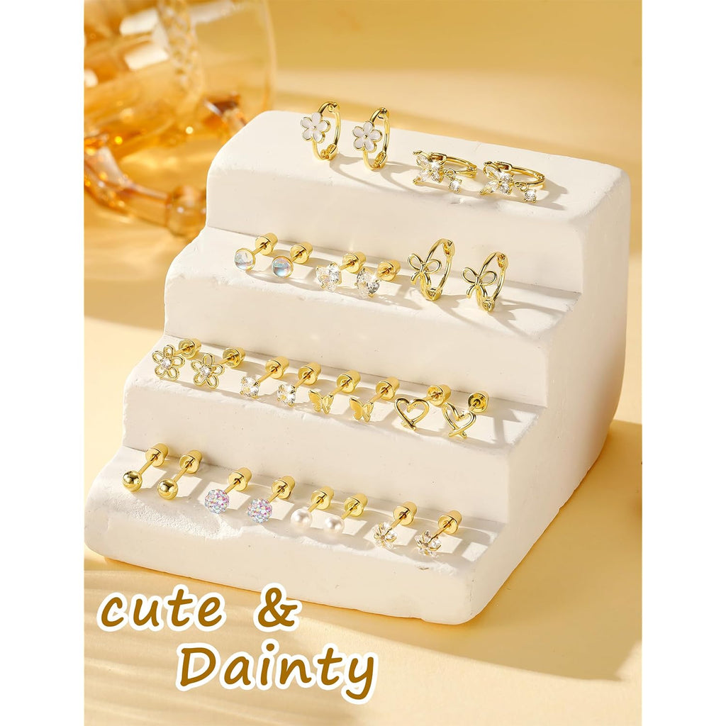 Hypoallergenic Surgical Stainless Steel Earrings for Girls Kids Jewelry - Screw Back Earrings for Sensitive Ears Cute Flower Heart Pearl bow Earrings for Women
