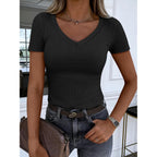 Women Short Sleeve V Neck Ribbed Knit Fitted Shirts Basic Tees Tops 2026 Summer Casual T-Shirts Going Out Outfits