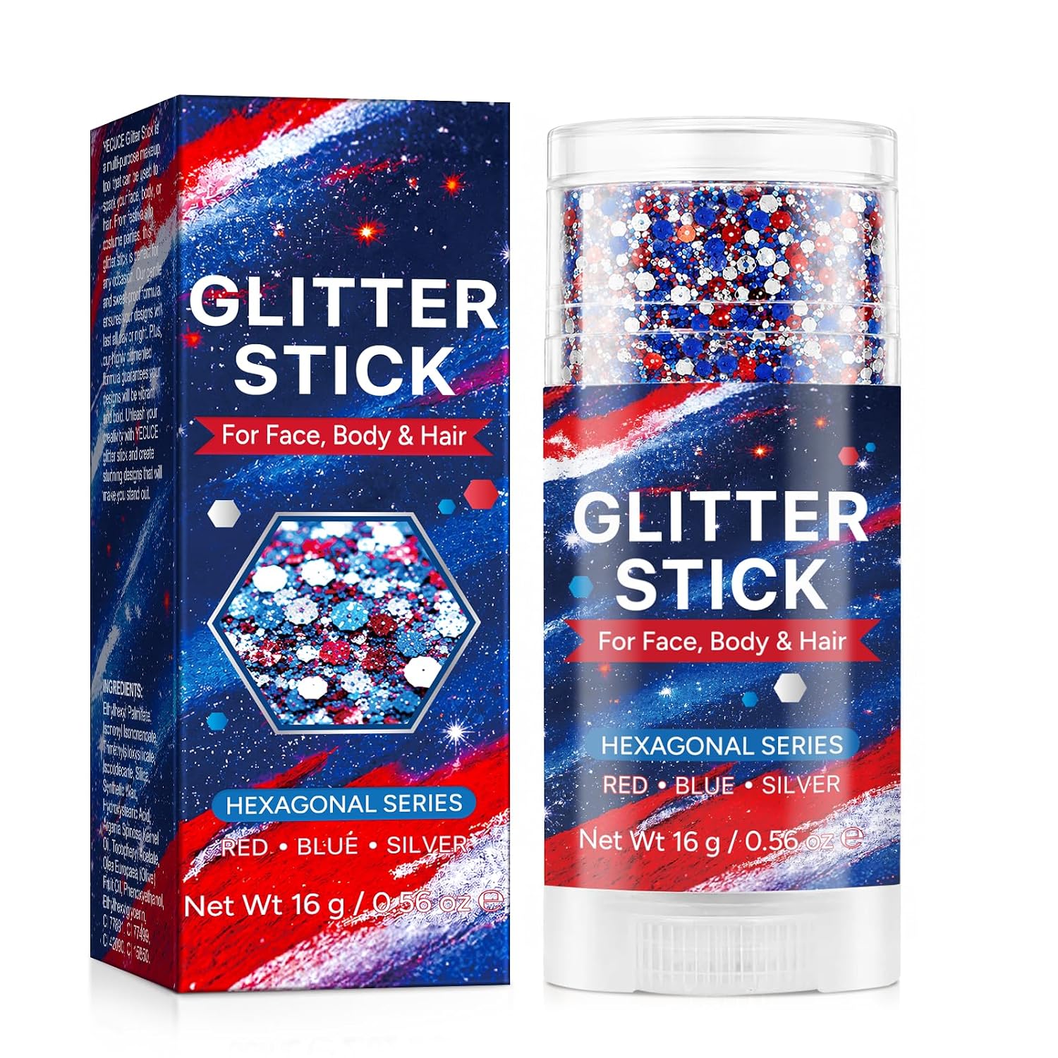 Red White Blue Glitter Stick - Hexagonal Patriotic Body Face Glitter Gel Makeup For Women Kids - Hypoallergenic Alcohol Free Hair Glitter For 4Th Of July, 250Th Independence Day Outfits, Soccer Game