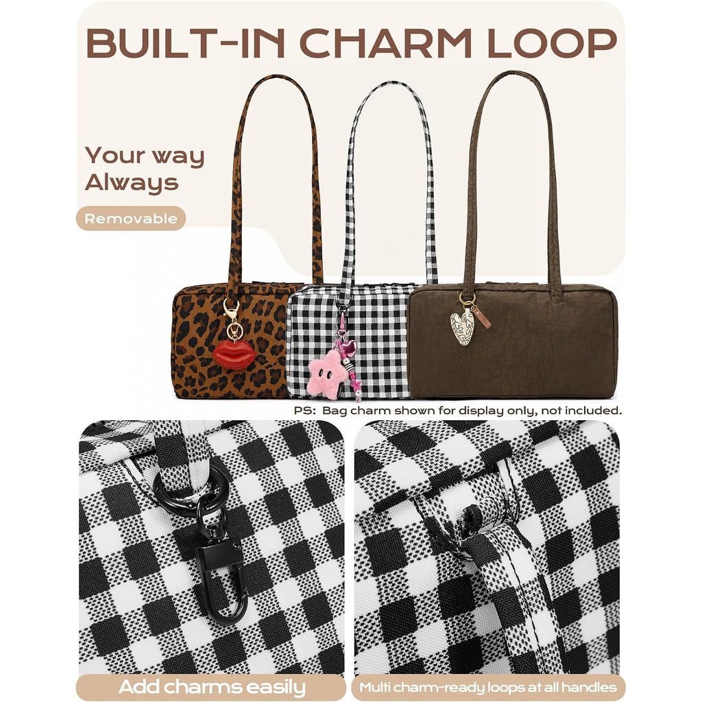 Lightweight Nylon Bowler Bag For Women, Casual East-West Shoulder Handbag Featuring Charm Loop, Everyday Tote Bag