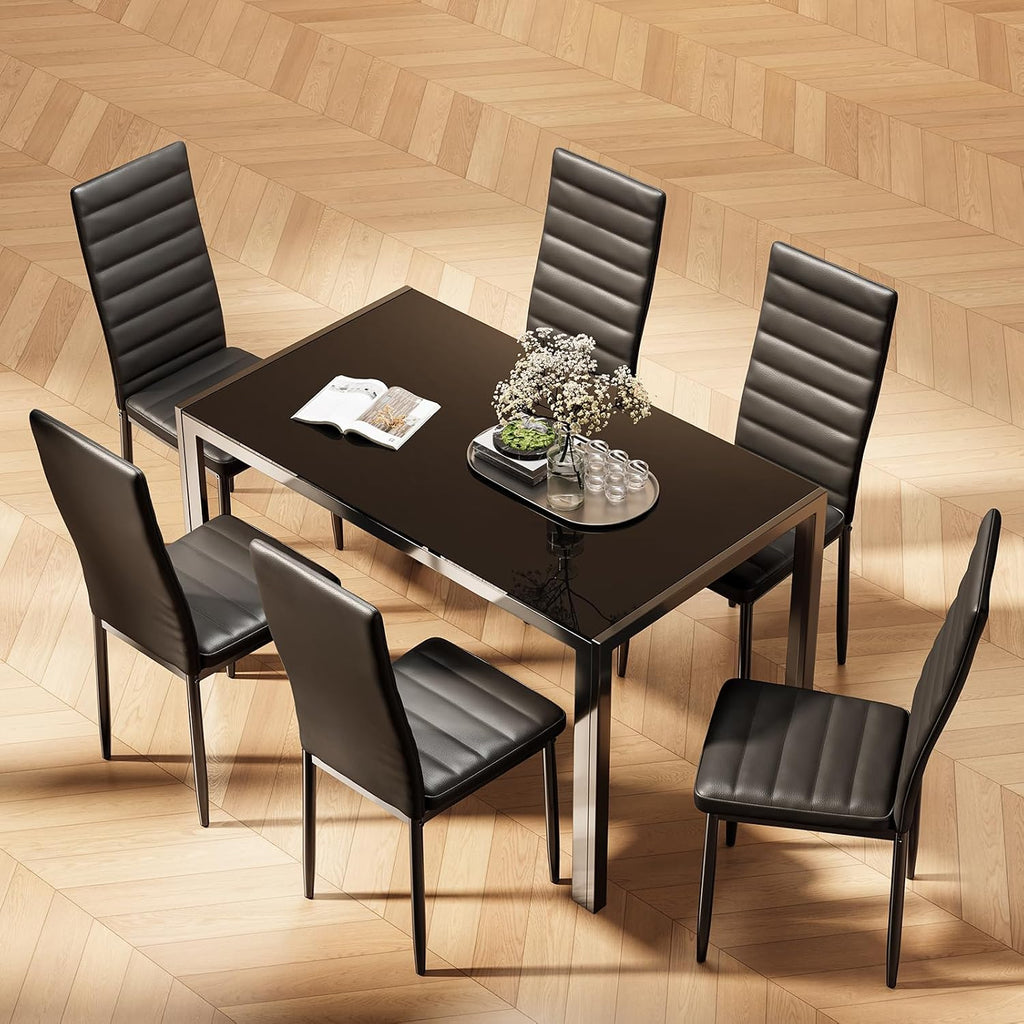 Bealife Kitchen Dining Table Set For 6, Tempered Glass 7 Piece - Black | Pu Leather Modern Dining Room Furniture, Space Saving Table And Chairs Set For Home, Kitchen, Living Room, Dining Room