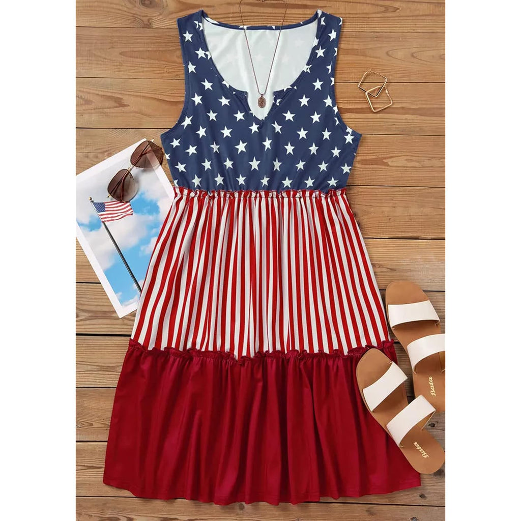 Chuntianran American Flag Star Vertical Striped Ruffled Mini Dress Women 4Th Of July Patriotic Dresses Casual Tank Dress
