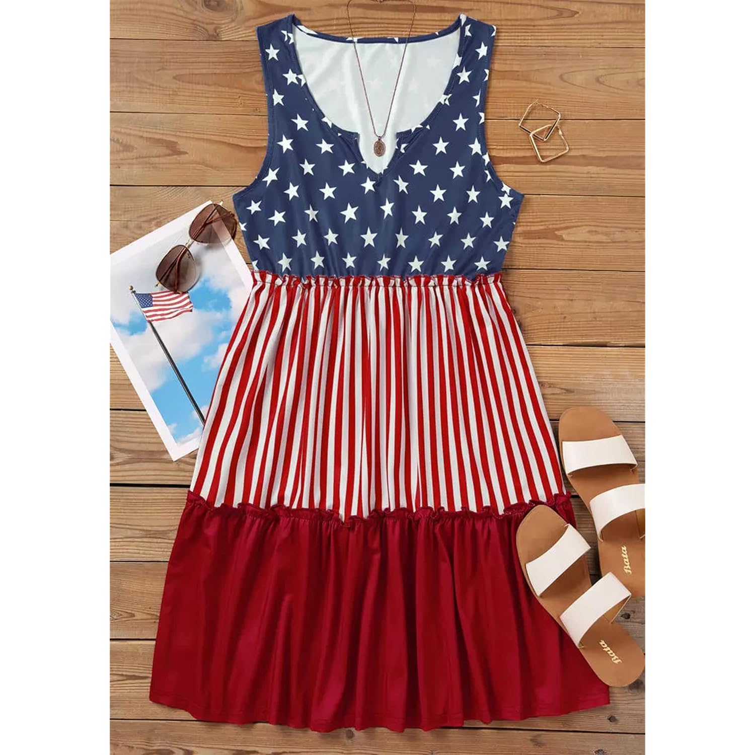 Chuntianran American Flag Star Vertical Striped Ruffled Mini Dress Women 4Th Of July Patriotic Dresses Casual Tank Dress
