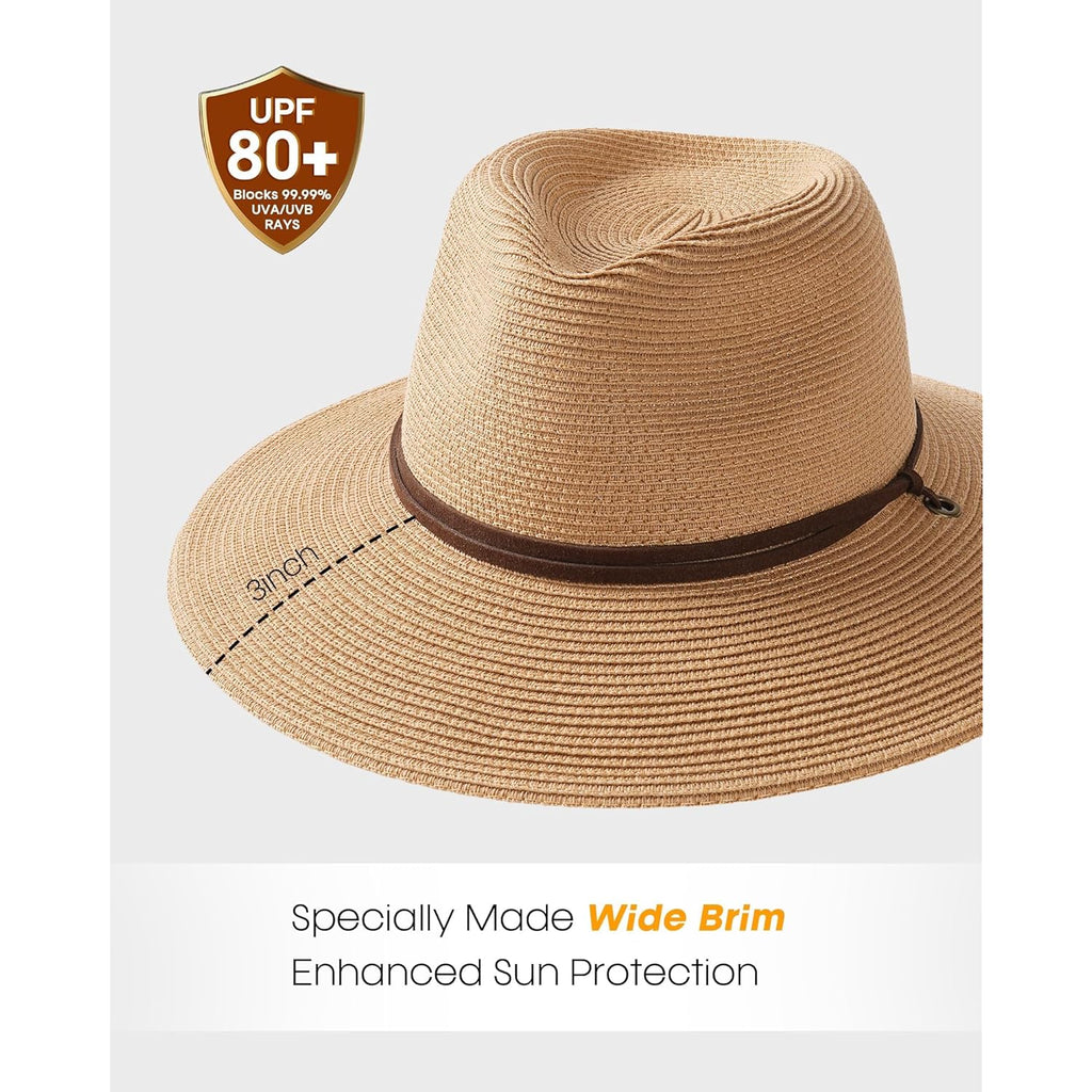 FURTALK Womens Summer Straw Sun Hats Wide Brim Panama Fedora Beach Hat with Wind Lanyard UPF 80+