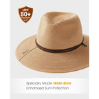FURTALK Womens Summer Straw Sun Hats Wide Brim Panama Fedora Beach Hat with Wind Lanyard UPF 80+