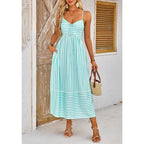 Fashionme Womens Summer Maxi Dresses 2026 Trendy Striped Vacation Boho Beach Spaghetti Strap Sundress Back Tie With Pockets