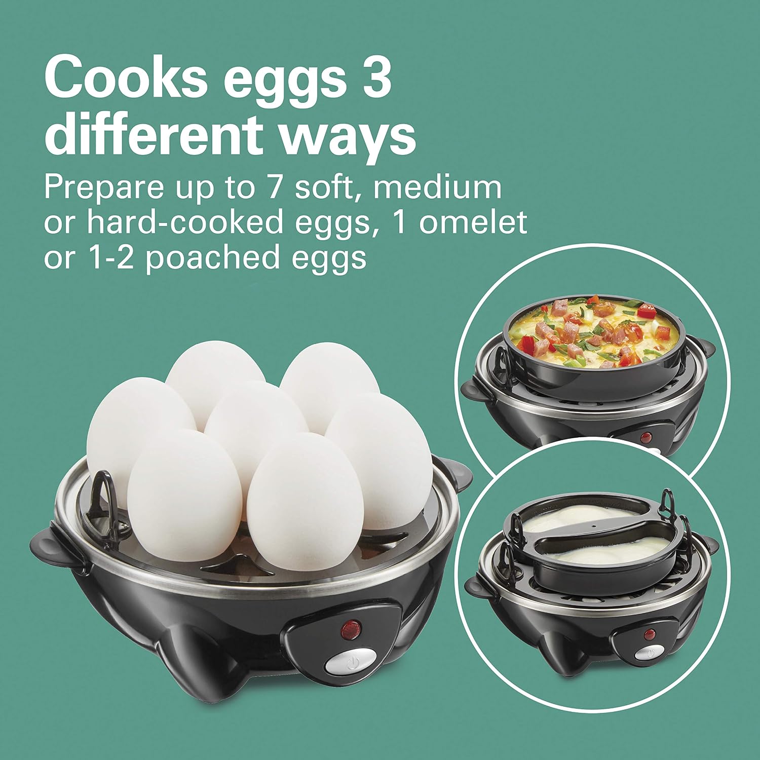 Hamilton Beach 3-In-1 Electric Egg Cooker For Hard Boiled Eggs, Poacher Eggs, Omelet Maker & Vegetable Steamer, Holds 7, Black (25507)