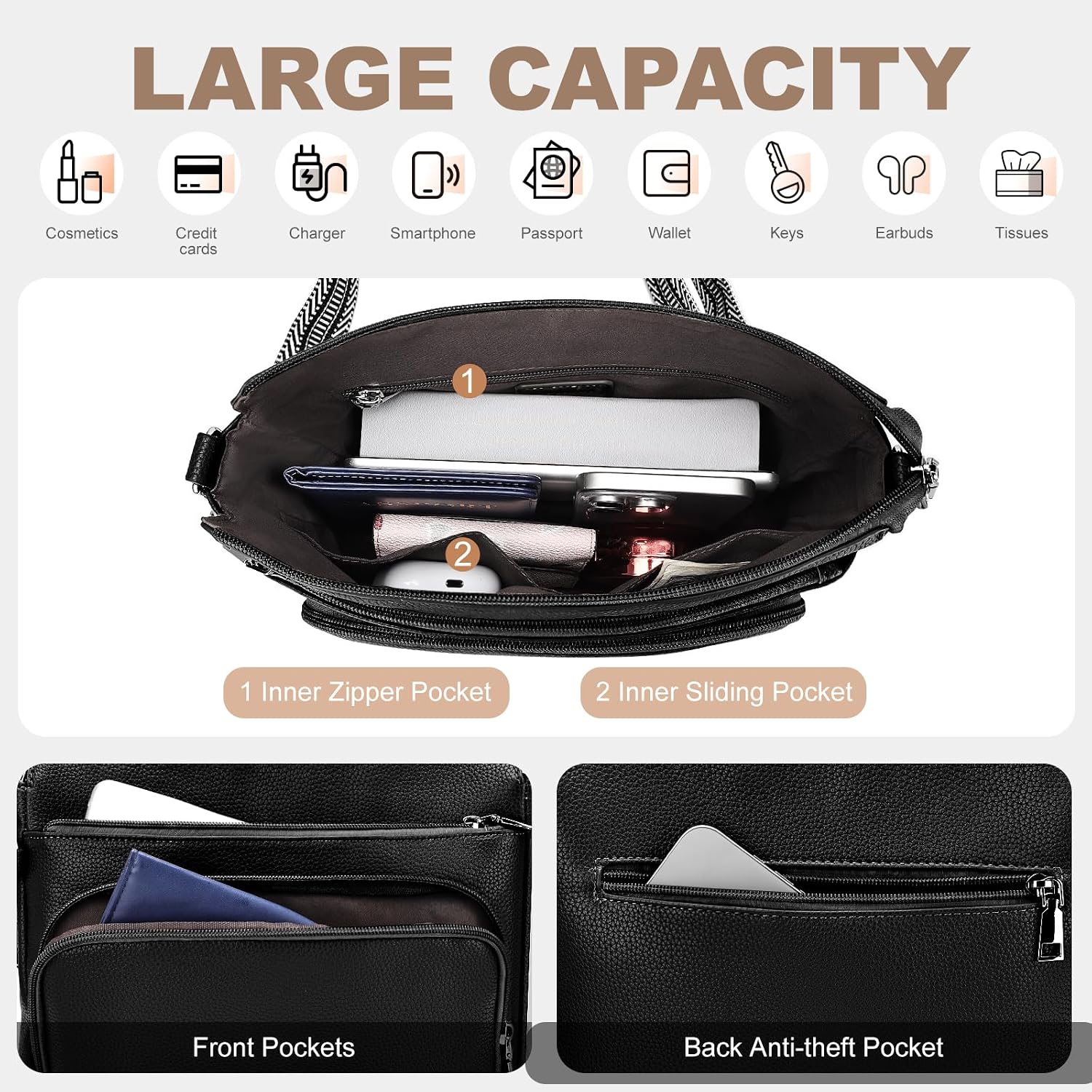 Anti-Theft Crossbody Purse For Women, Crossbody Shoulder Bag With Built-In Wallet & Rfid Blocking For Travel Workout