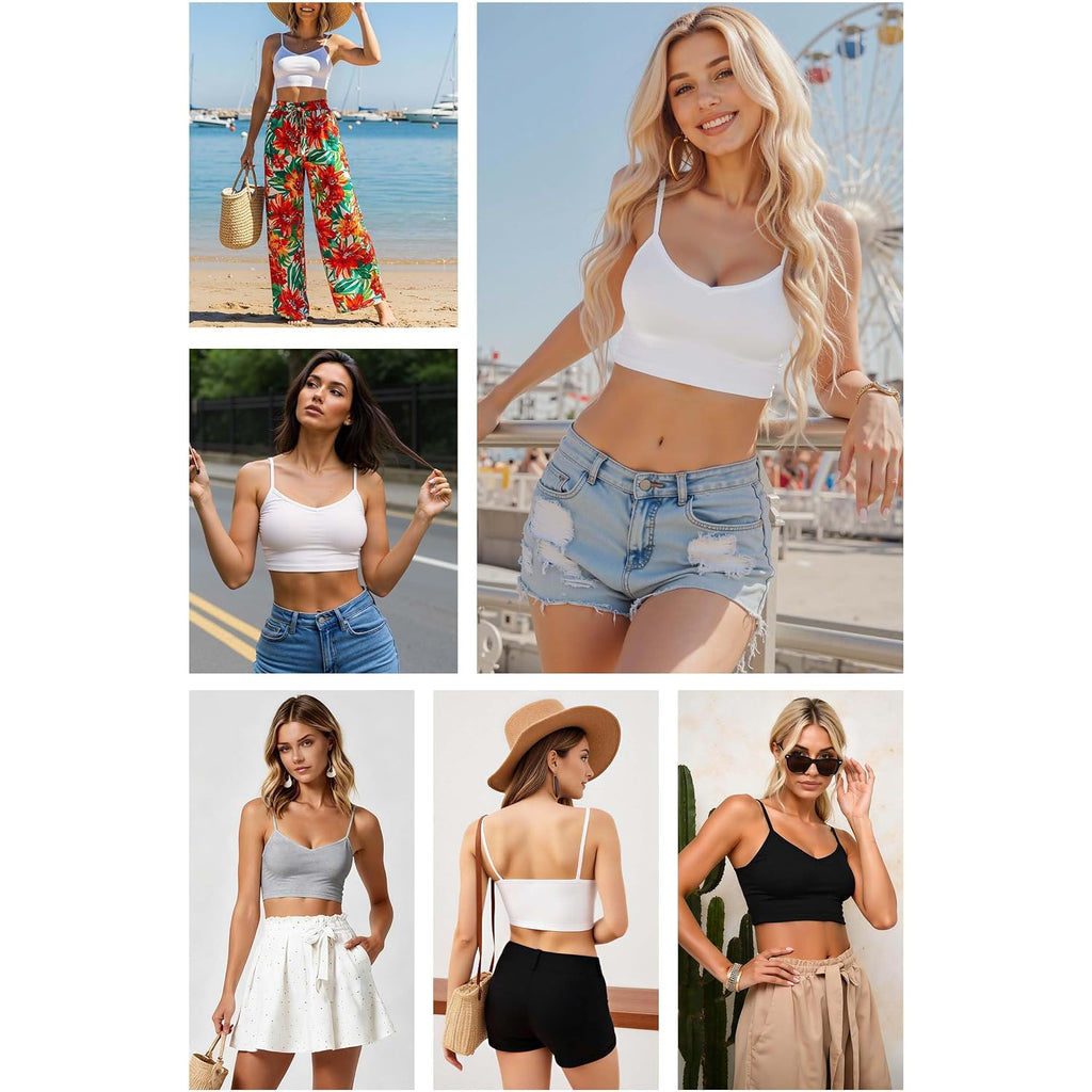 Multi Pack Women's Spaghetti Strap Crop Cami Top, Slim Fit Stretchy Tank