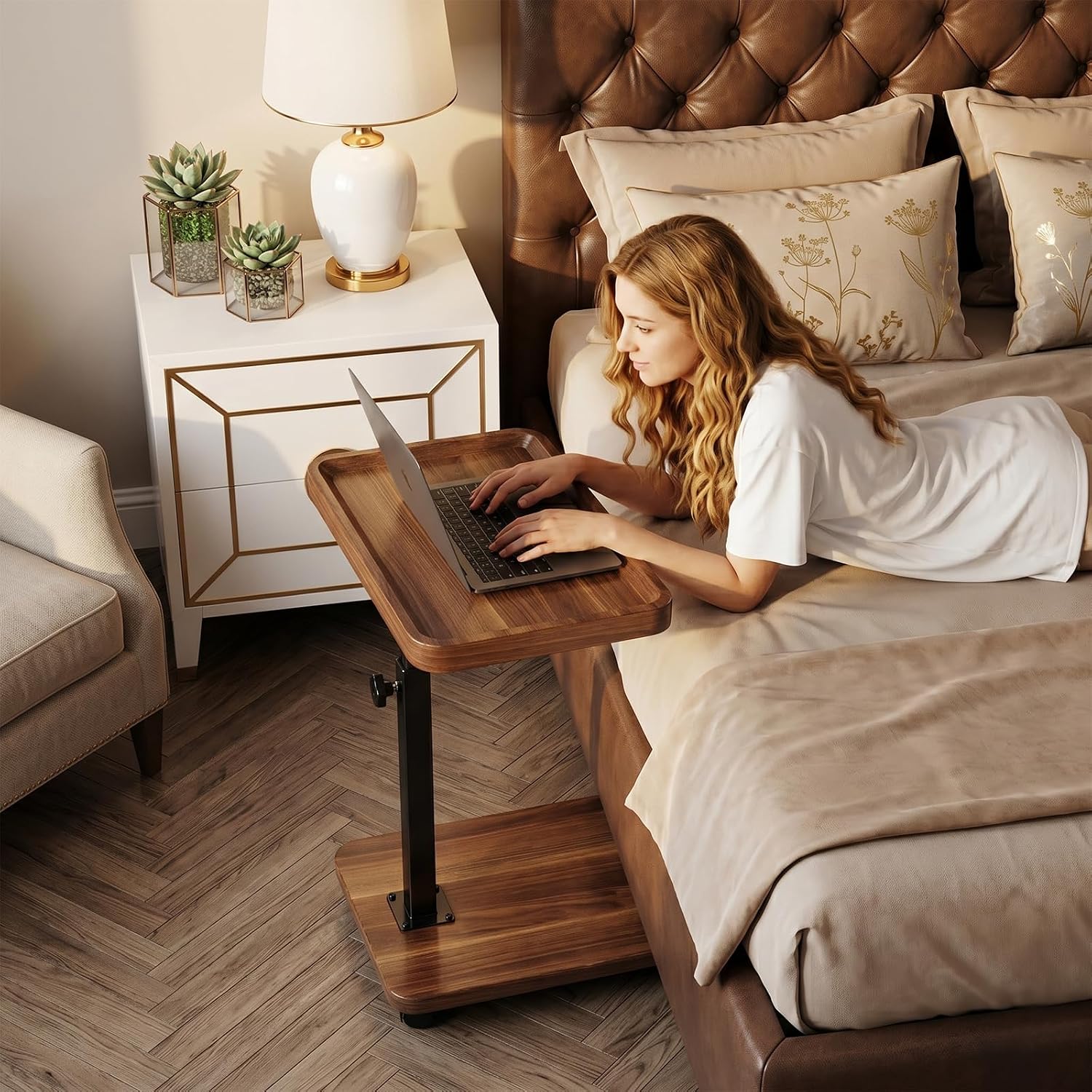 C Table End Table Adjustable Height, 360°Swivel Tv Tray Table For Small Spaces, Side Tables With Wheels For Living Room And Bedroom, Bed (Walnut)