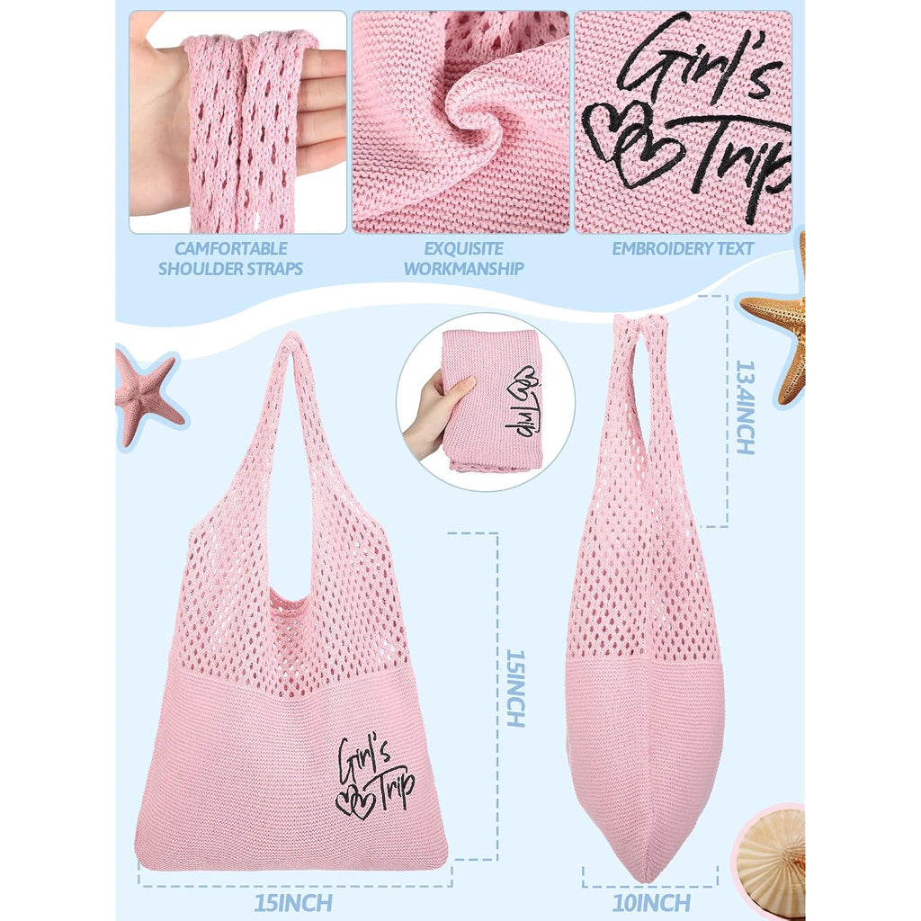 Patelai 4 Pcs Girls Trip Gifts Embroidered Beach Mesh Tote Bags For Women Summer Beach Mesh Tote Girls Weekend Trip Favors (Macaron)