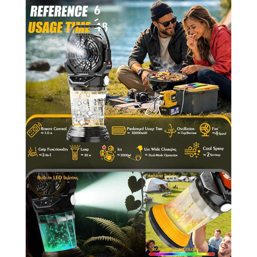 2026 New Portable Misting Fan With 30000Mah Rechargeable Battery, 120° Auto Oscillating Battery Powered Fan, 4 Speeds Spray Fan With Led Ambient Light For Camping, Patio, Outdoor, Travel (Black)