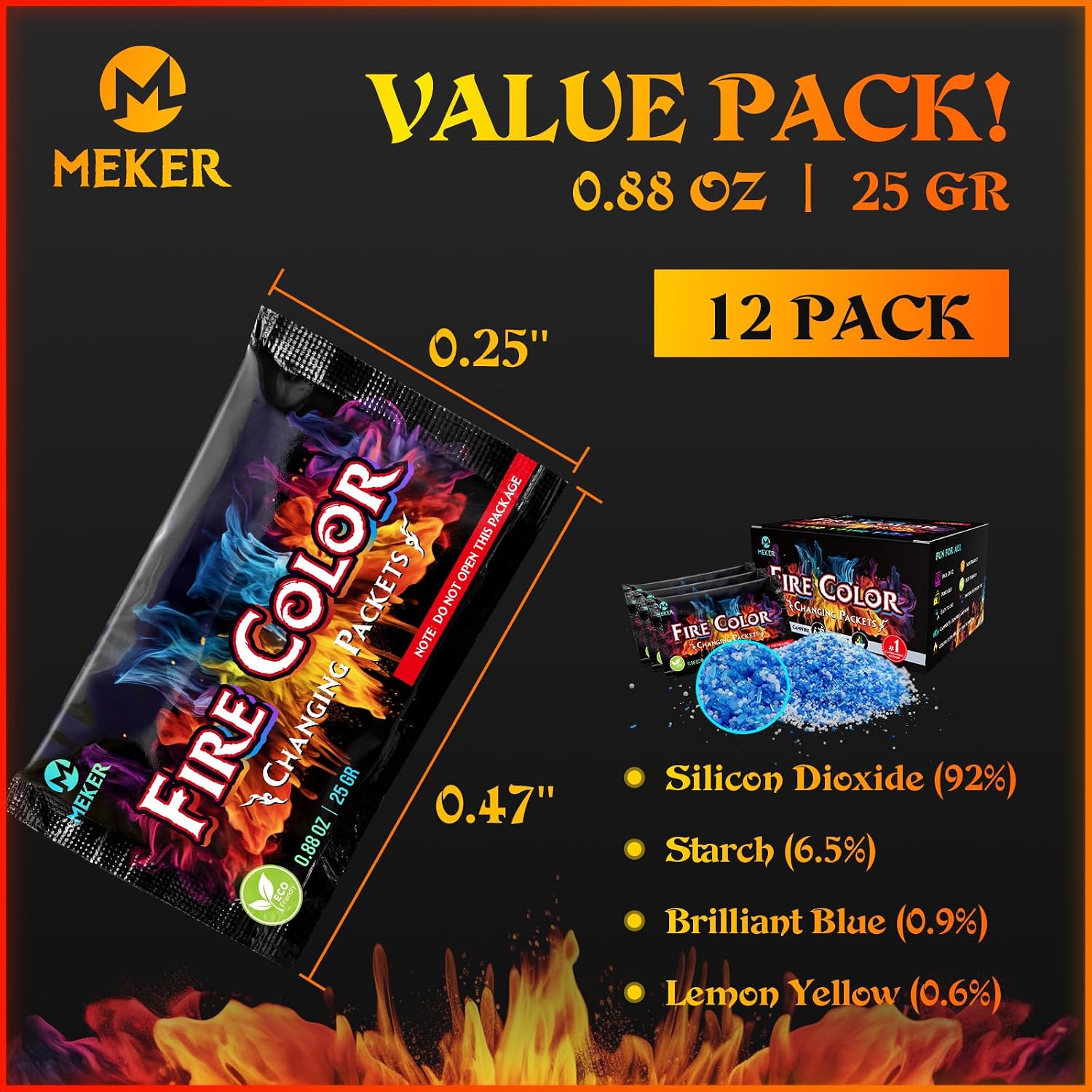 Meker Fire Color Changing Packets - Fire Pit, Campfires, Outdoor Fireplaces, Bonfire - Magic Colorful Changing Fire - Perfect Fire Camping Accessories For Kids & Adults (12 Pack)