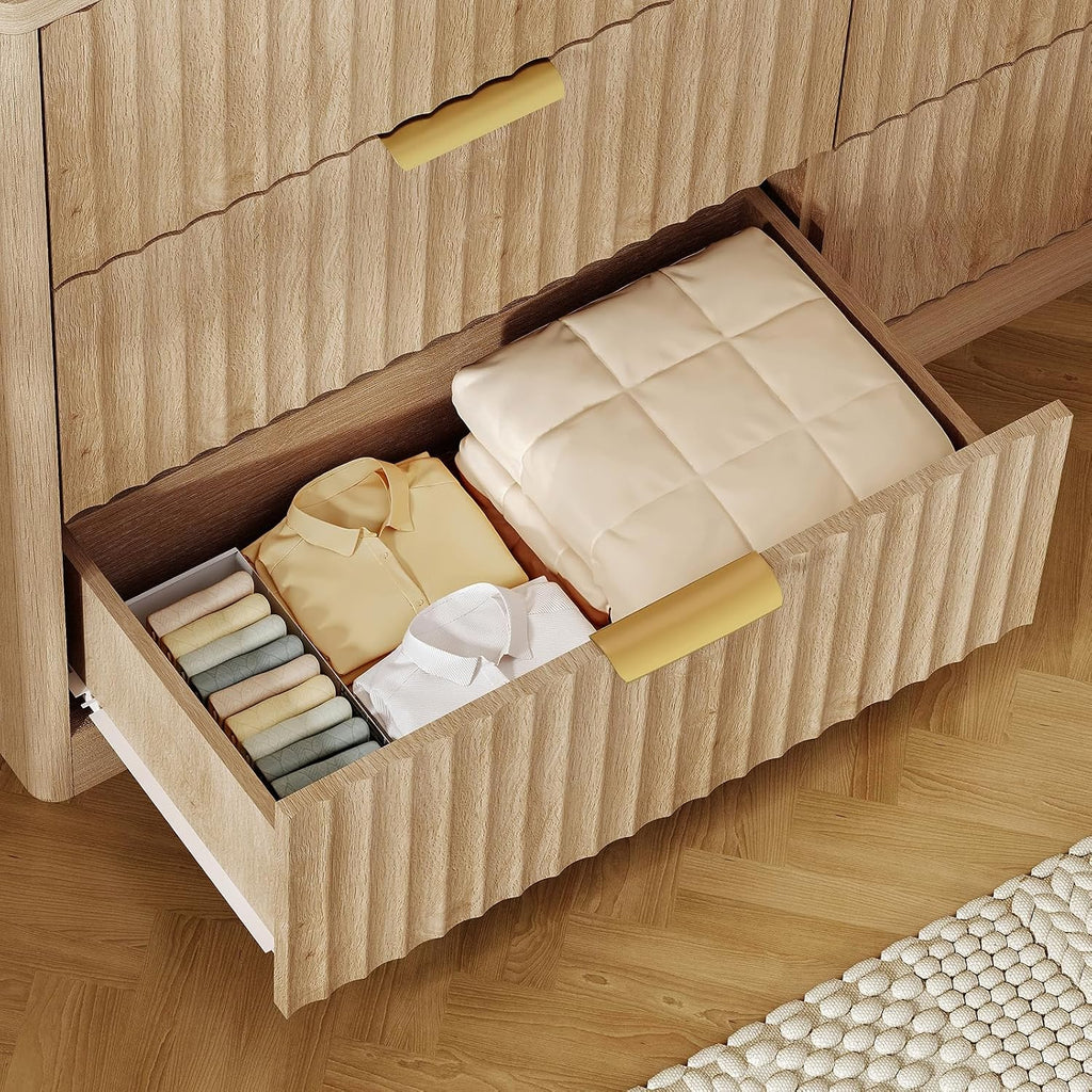 Fluted 6 Drawer Dresser For Bedroom, Wide Modern Chest Of Drawers With Metal Handle, Curved Profile Design, Wood Closet Clothes Storage Organizer For Bedroom, Hallway, Natural