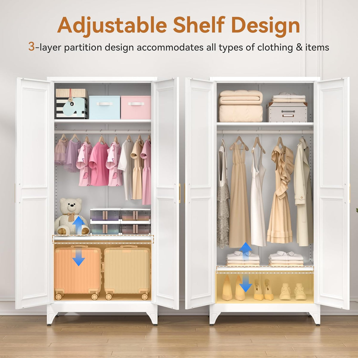 Metal Armoire Wardrobe Closet With Doors And Shelves, 71" Tall Freestanding Wardrobe Cabinet For Hanging Clothes, Large Closet With Hanging Rod For Bedroom, Office, School, Employee, Gym, White