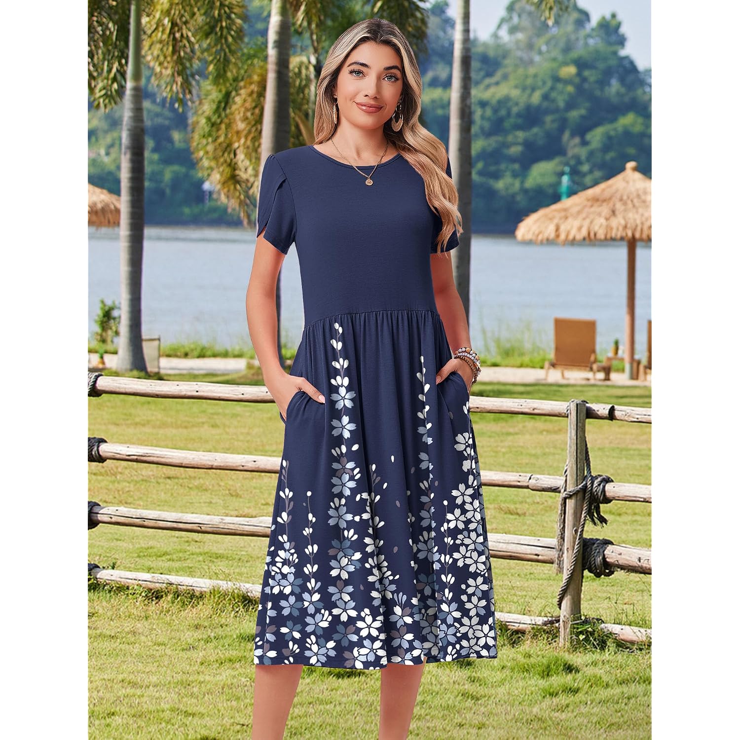 Hotouch Women'S Summer A-Line Midi Dresses 2026 Casual Floral Short Sleeve T-Shirt Dress Flowy Beach Sundress With Pockets