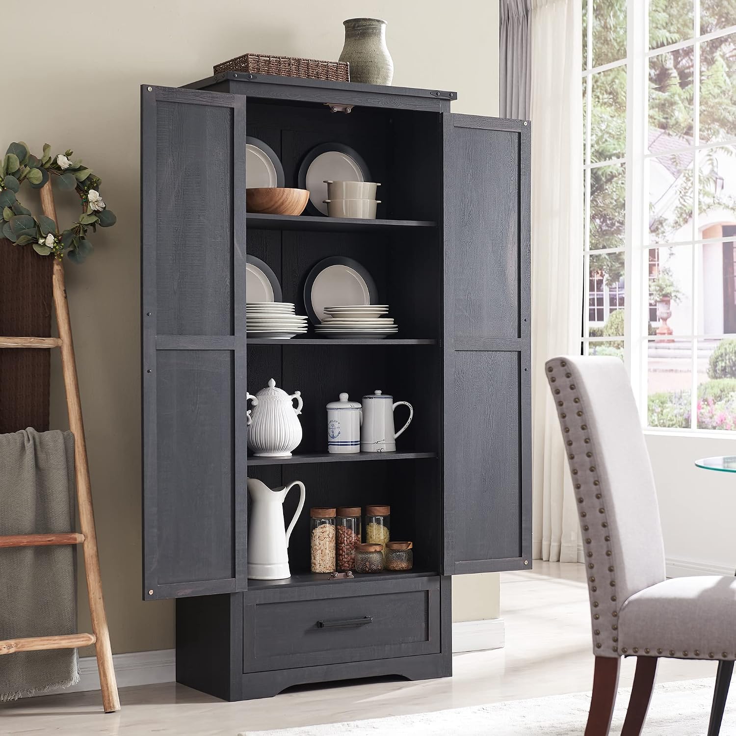 Farmhouse Kitchen Pantry Cabinet - 72" Tall Wood Kitchen Storage Cabinets With Adjustable Shelves & 2 Barn Doors & Drawer, Versatile Storage For Dining Room, Bathroom, Utility Room, Antique Black | Large