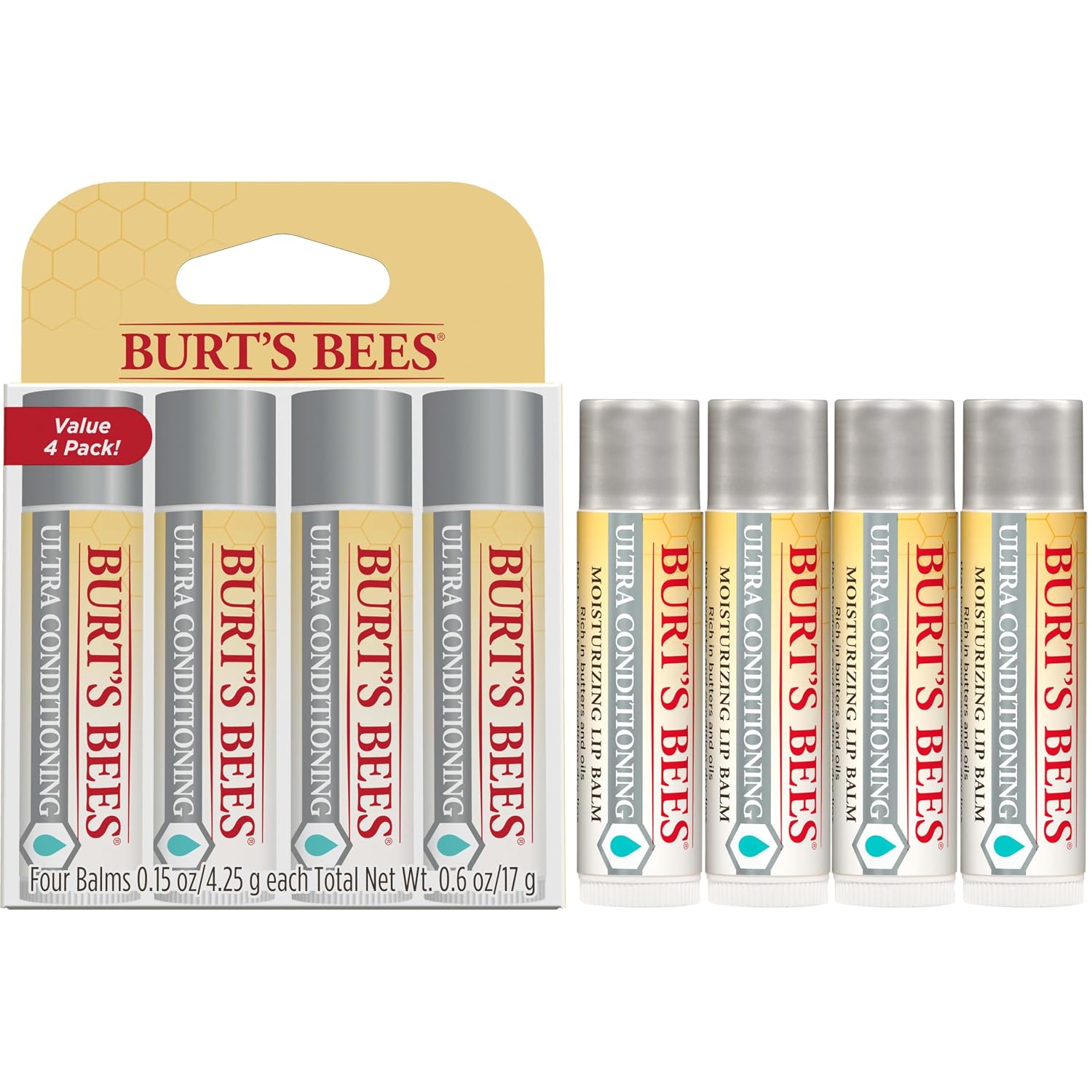 Burt'S Bees Lip Balm, Moisturizing Lip Care, 100 Percent Natural Origin, Ultra Conditioning With Shea, Cocoa And Kokum Butter, 0.15 Oz., Four Tubes