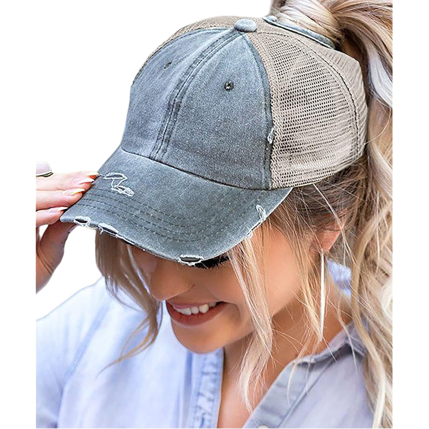 Distressed Ponytail Hats Baseball for Women Messy-Bun Pony Caps Grey