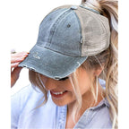 Distressed Ponytail Hats Baseball for Women Messy-Bun Pony Caps Grey