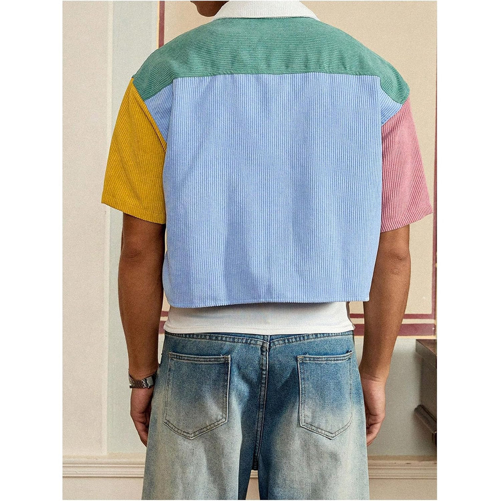 Gorglitter Men'S Striped Cropped Shirt Button Down Cool Short Sleeve Colorblock Collar Casual Streetwear Crop Top Tee