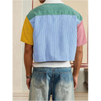 Gorglitter Men'S Striped Cropped Shirt Button Down Cool Short Sleeve Colorblock Collar Casual Streetwear Crop Top Tee