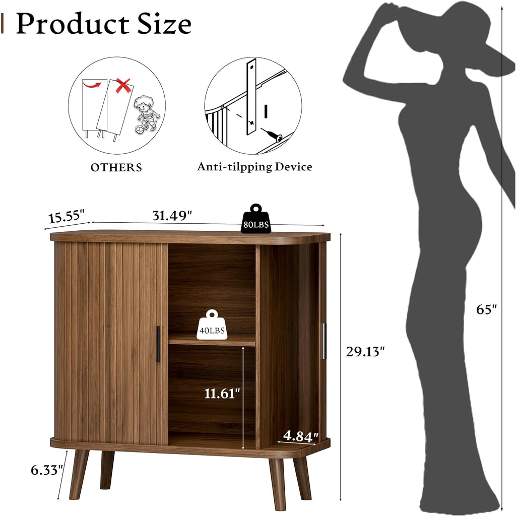 Sideboard Buffet Cabinet With Sliding Door, 31.5" Wide Fluted Modern Accent Storage Cabinet With Adjustable Shelves, Wood Coffee Bar Buffet Console Table For Kitchen, Dining Room, Living Room, Walnut