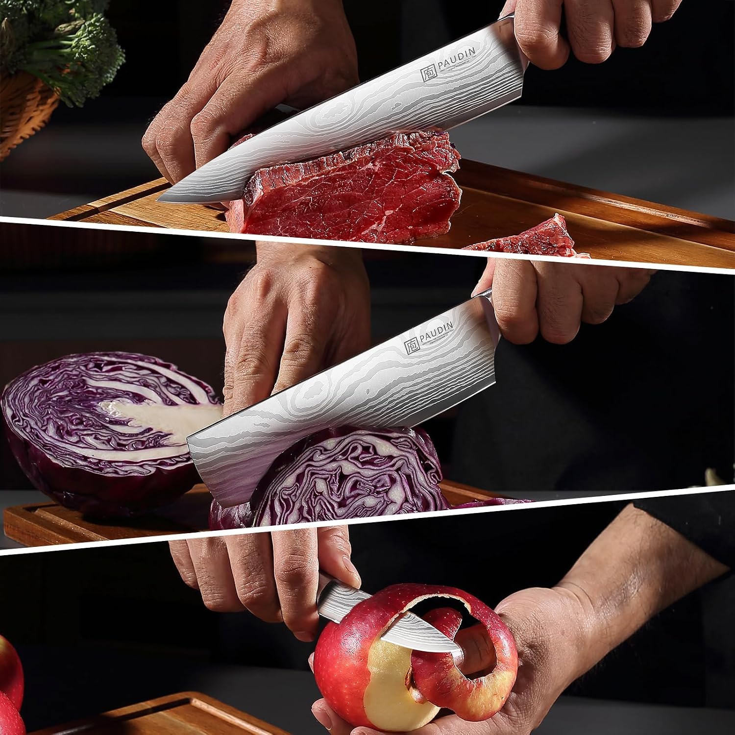 Paudin Kitchen Knife Set, 3 Piece High Carbon Stainless Steel Professional Chef Knife Set With Ultra Sharp Blade & Wooden Handle (Kitchen Knife Set 3 Pcs)