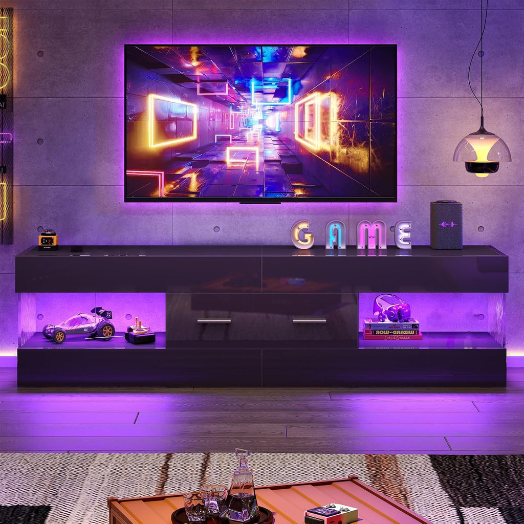 Bestier Black 60 Inch Modern Tv Stand, Led Entertainment Center With Drawer | Fits Up To 65 In Tv, High Gloss With Stone Pattern, Large Storage Drawer & Open Shelves, 7-Color Led Lights For Living Room