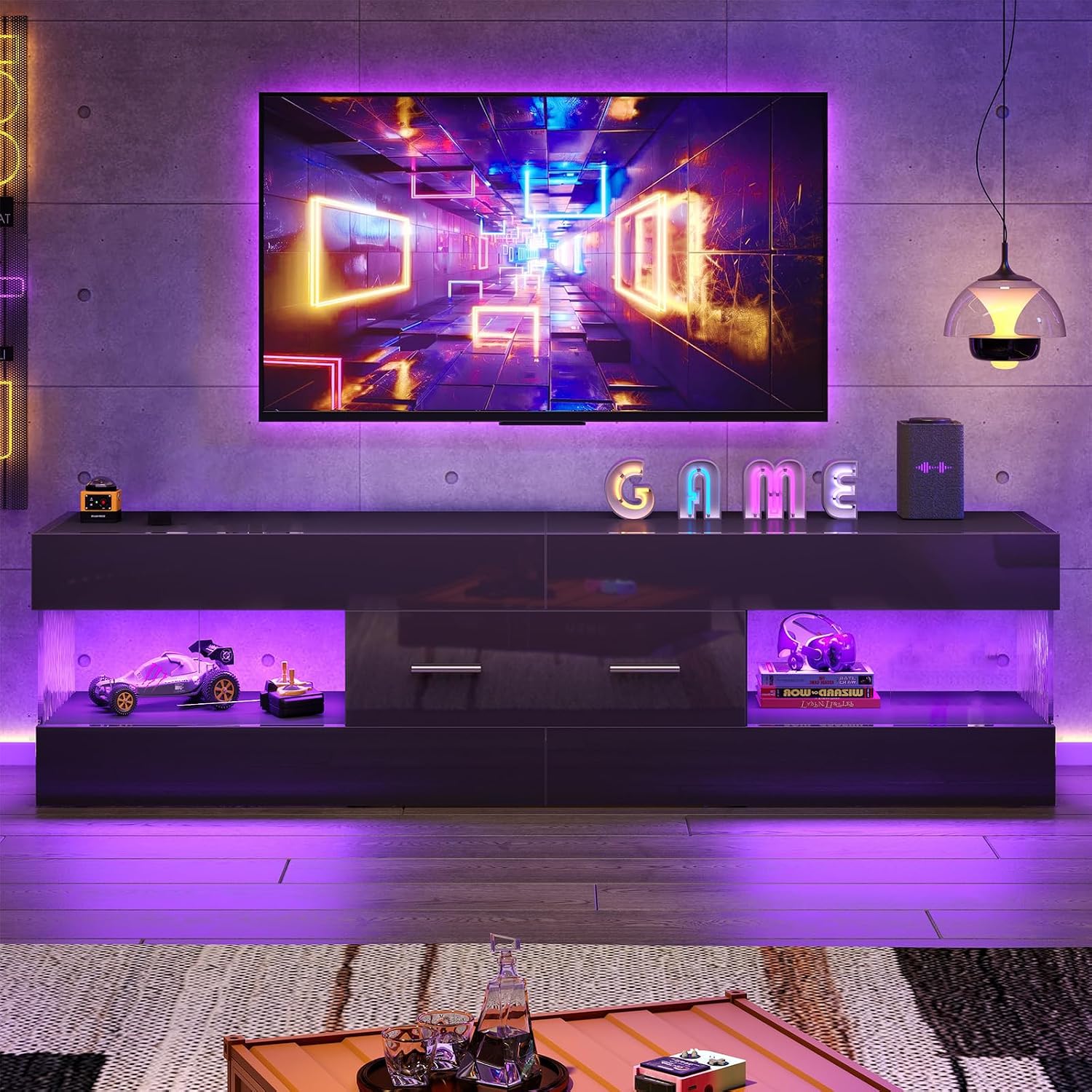 Bestier Black 60 Inch Modern Tv Stand, Led Entertainment Center With Drawer | Fits Up To 65 In Tv, High Gloss With Stone Pattern, Large Storage Drawer & Open Shelves, 7-Color Led Lights For Living Room