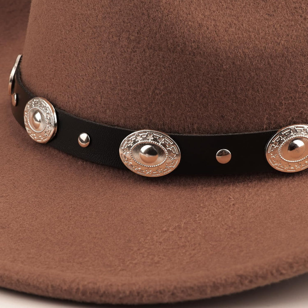 DRESHOW Women Men Classic Felt Wide Brim Western Cowboy & Cowgirl Cap Belt Buckle Retro Panama Hat Unisex Rolled up Caps 1 Pack: Coffee (Hat Circumference: 22-22.8")