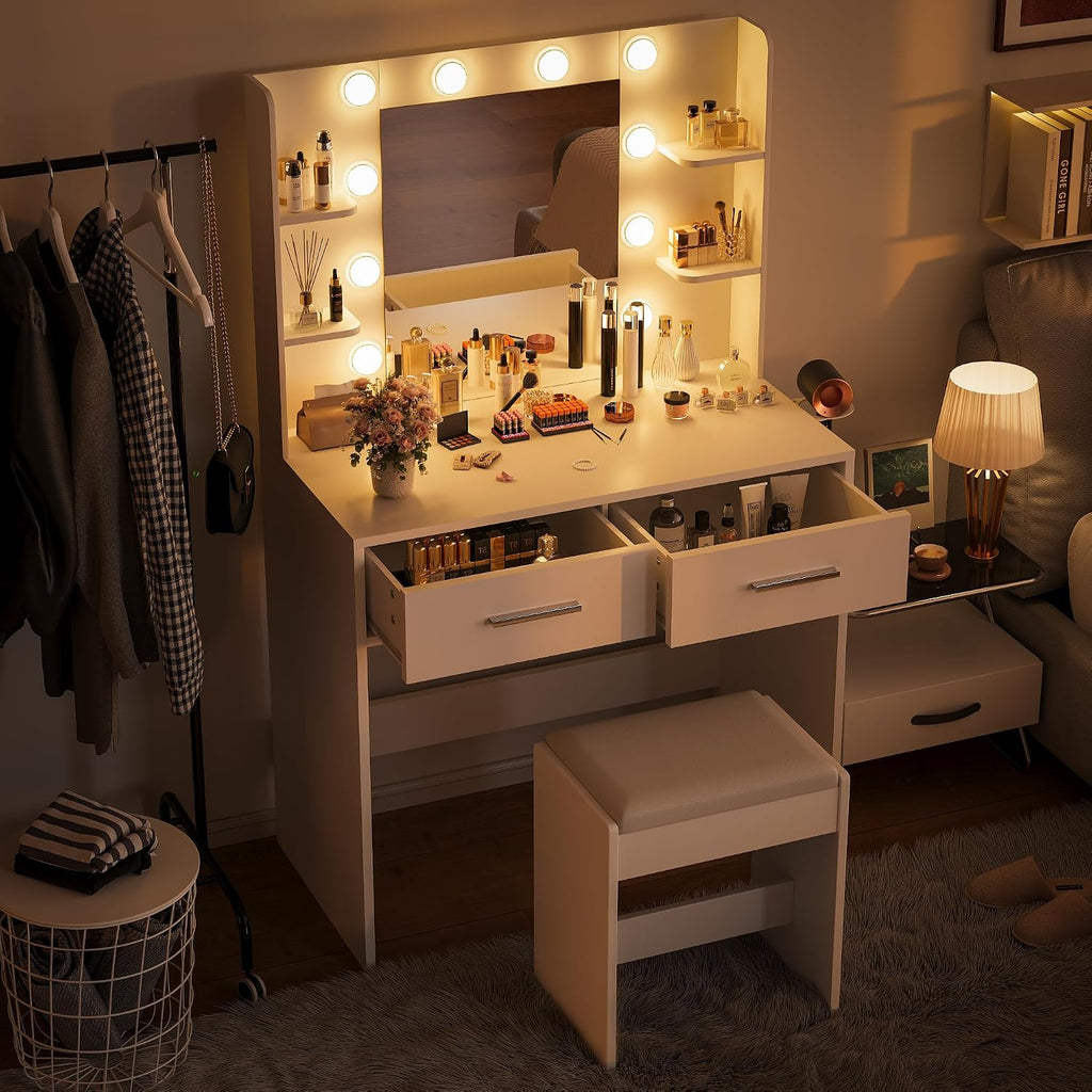 Furmax Make Up Vanity Desk With Mirror And Power Outlet, Vanity With 3 Color Light Options Adjustable Brightness, Vanity Desk With 2 Drawers, 6 Storage Shelves (White, With Bench)