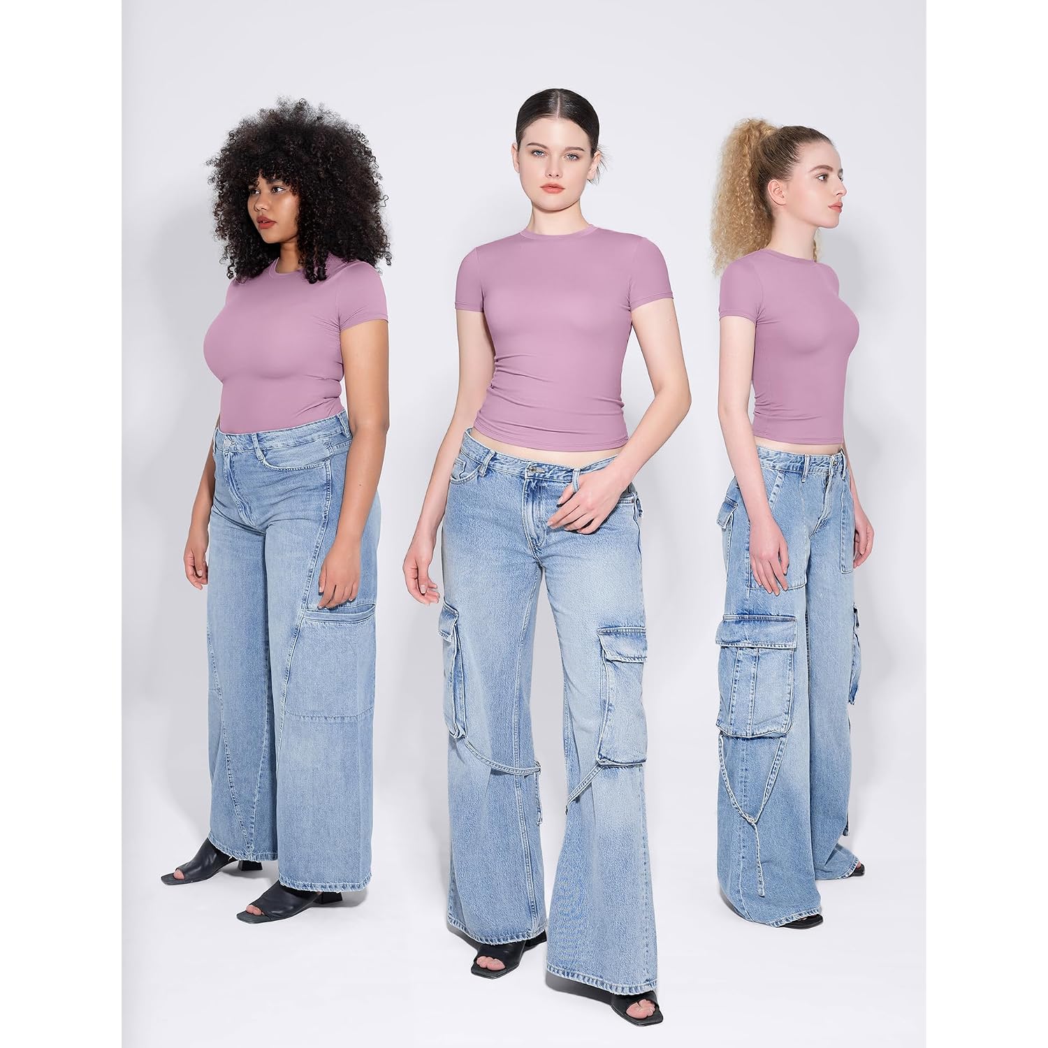 Pumiey Women'S Crew Neck Short Sleeve Tops Double Lined Slim Fit T Shirts Basic Tee Smoke Cloud Pro Collection