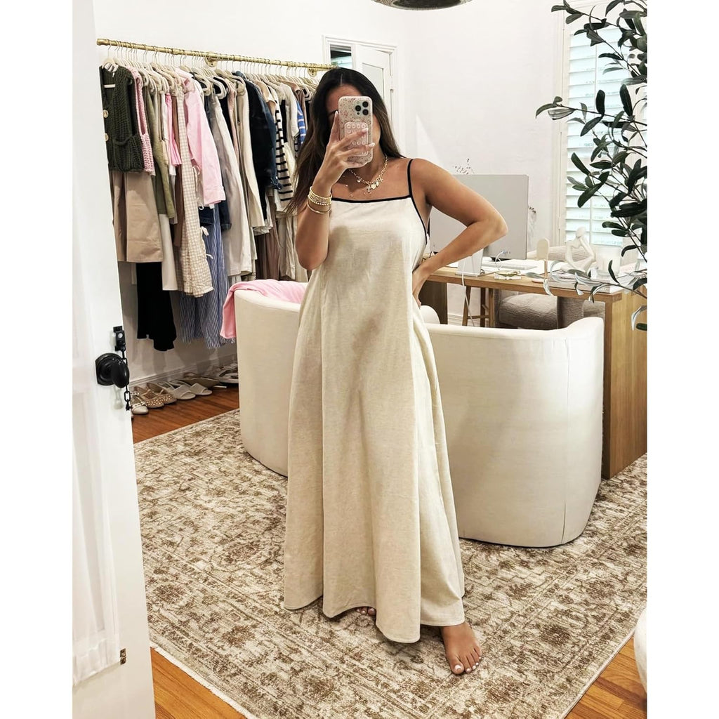 Shy Velvet Women'S 2026 Summer Linen Maxi Dress Contrast Spaghetti Strap Dress Backless Casual Party Beach Dresses