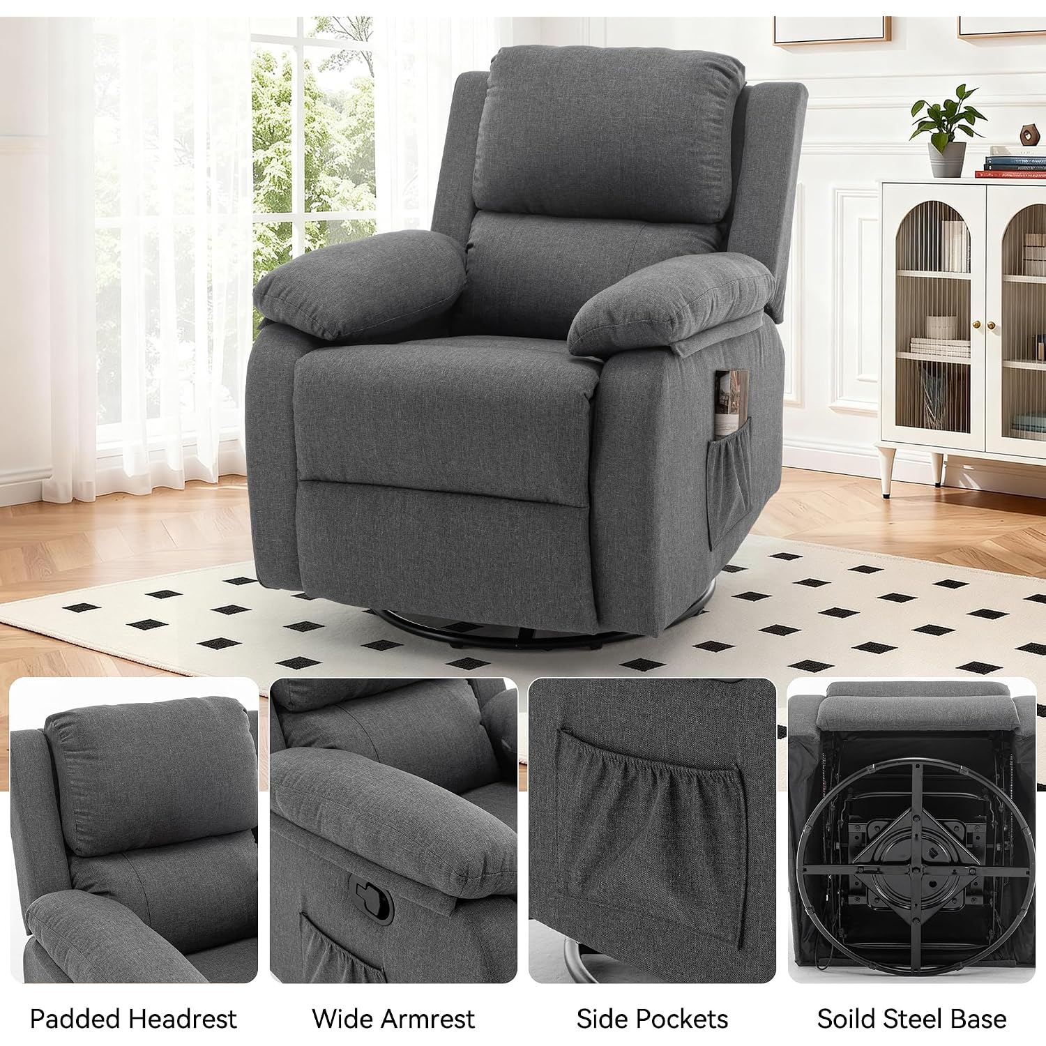 Korser Recliner Chair, 360 Swivel Rocker Chair For Adults, Small Rocking Recliner For Small Spaces, Upholstered Fabric Glider Recliner Nursery