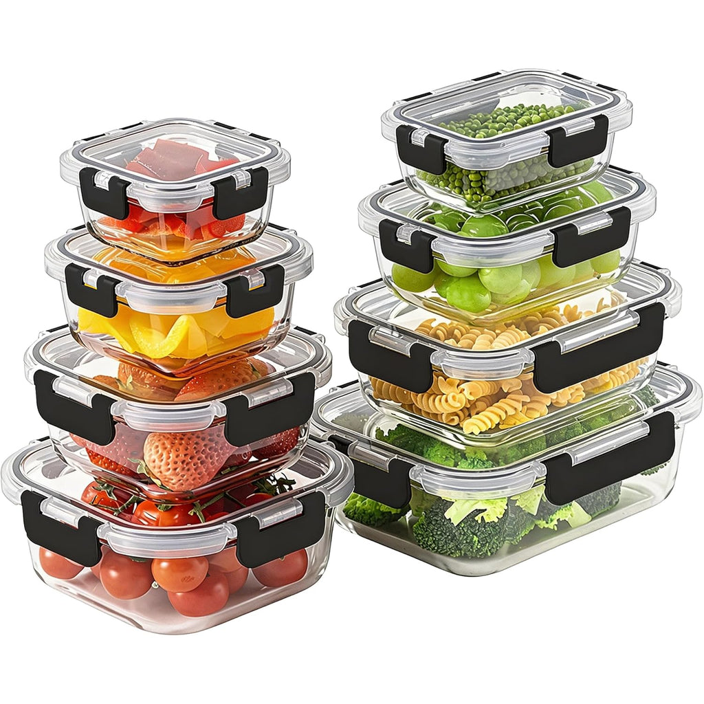 8 Pack Borosilicate Glass Food Storage Containers with Lids, Glass Meal Prep Containers, Airtight Bento Lunch Boxes with Snap Locks, Oven, Freezer and Dishwasher Safe, BPA Free, Kitchen Storage Set