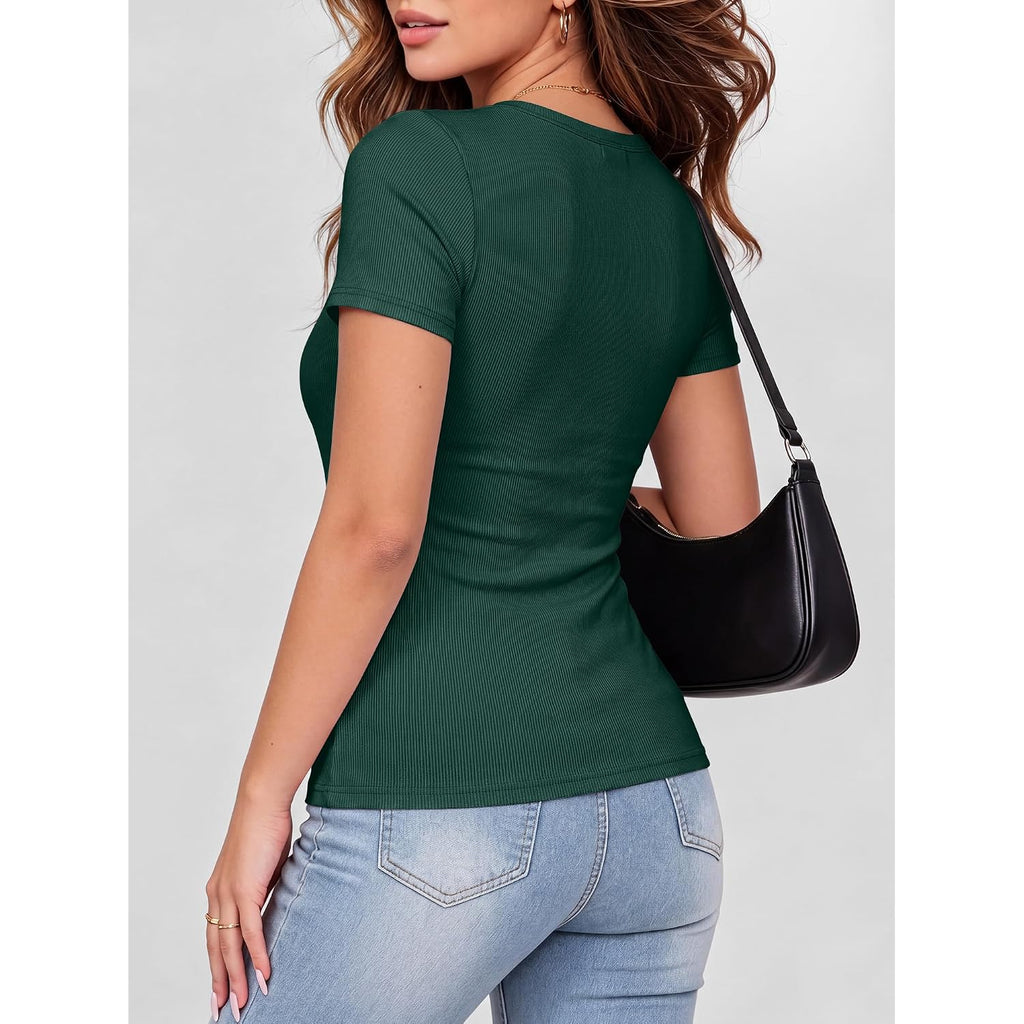 Anrabess Women Short Sleeve Tops Scoop Neck Ribbed Knit Slim Fitted Basic Tee Shirt Casual Summer Clothes 2026 Spring Outfits