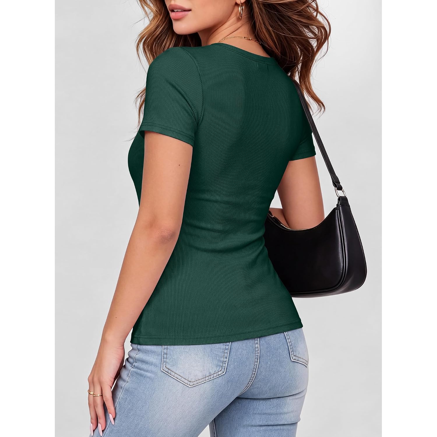 Anrabess Women Short Sleeve Tops Scoop Neck Ribbed Knit Slim Fitted Basic Tee Shirt Casual Summer Clothes 2026 Spring Outfits